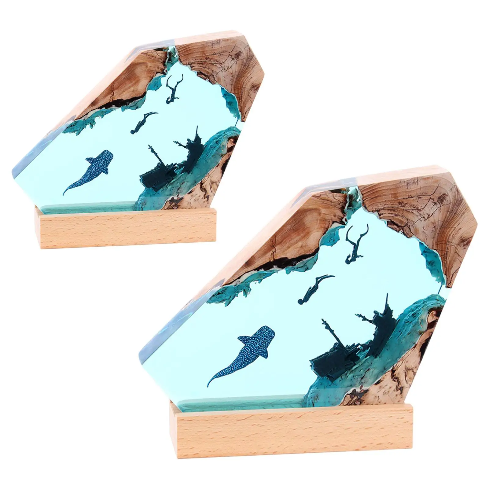 

Clear Resin Night Light, Wooden Bedside Table, Divers, and Shipwreck Decor