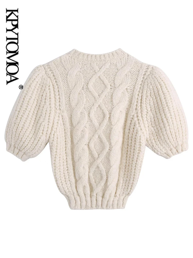 christmas sweatshirt KPYTOMOA Women  Fashion Cable-Knit Cropped Sweater Vintage O Neck Puff Sleeve Female Pullovers Chic Tops white sweater