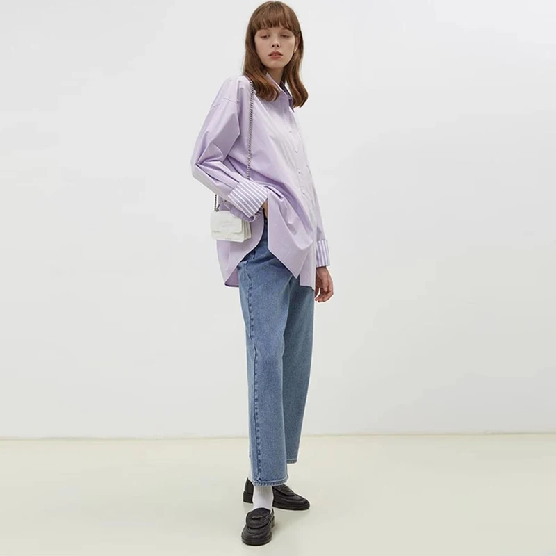 Casual Loose Shirt And Blouse Turn-down Neck Purple Patchwork Stripe Long Sleeved Clothes Top Single Breasted Simple Streetwear