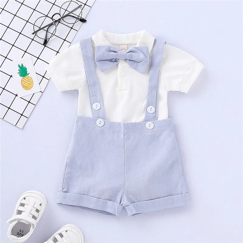 Infant/Toddler Boy's Blue Bowtie Onesie with Suspender Shorts 2