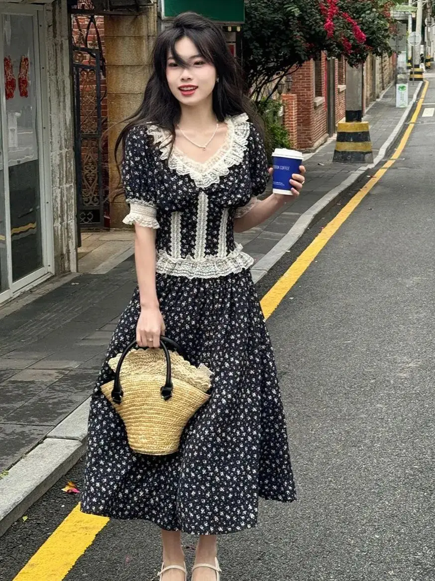 

Korea Lace Polka Dot Dress Summer Dresses Women Fashion Short Sleeve Vintage Party Office Dress Feminino