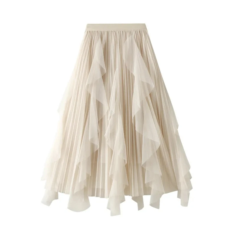 

2024 Spring New High Waist Ruffle Edge Spliced Mesh Half Women's Mid Length Large Hem Pleated Skirt 0889