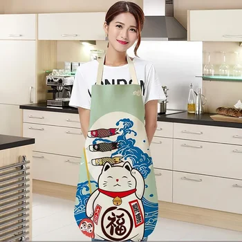면과 린넨 앞치마 일본 만화 행운의 고양이 요리 민소매 턱받이 방수 기름기 방지 주방 용품 요리사 앞치마
