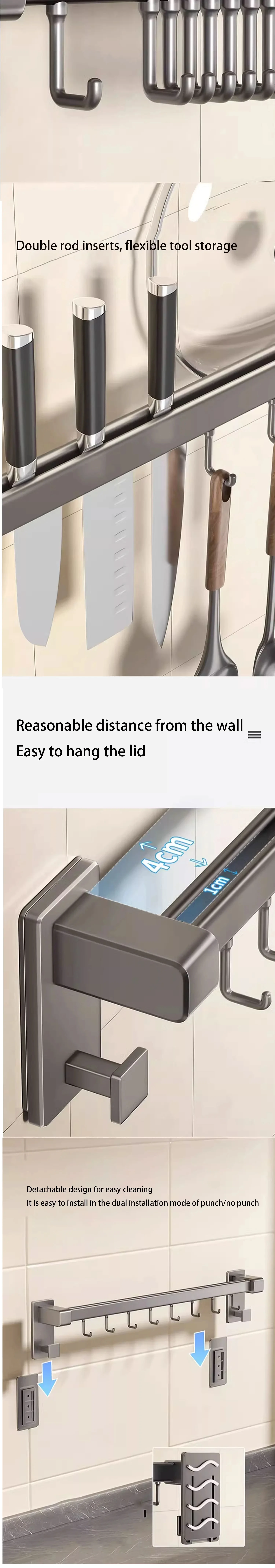 Description Picture 5 of itemWall Mounted Kitchen Rack Aluminum Movable Hook Spoon Shovel Holder Spatula Chop Organizer Home appliances Kitchen Accessories