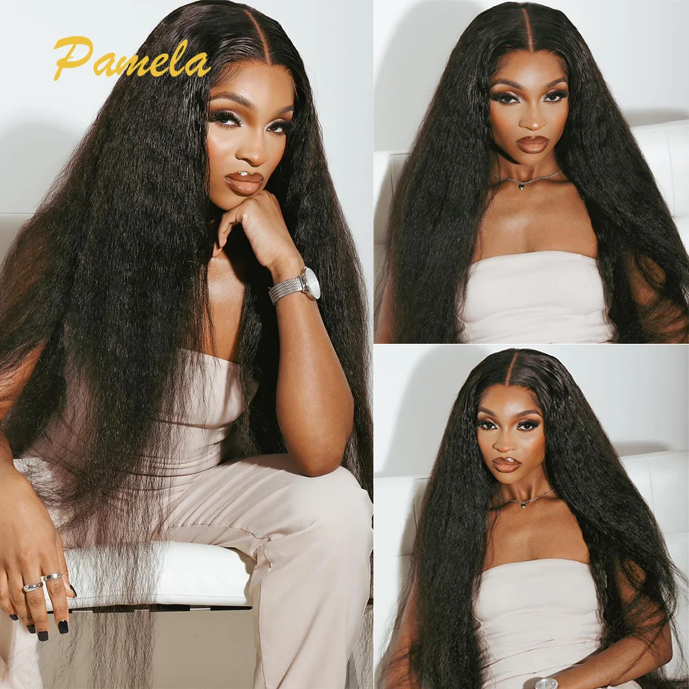 Double Texture Kinky Straight Preplucked Wigs 4x4 5x5 Lace Closure Yaki Straight Glueless Wig Human Hair Ready To Wear For Women