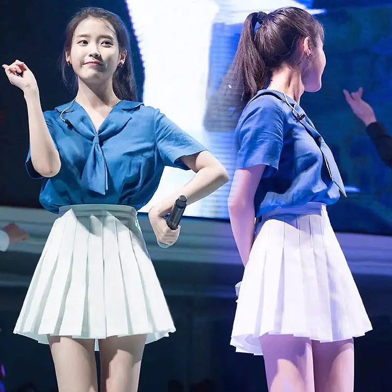 Kpop IU Lee Ji Eun Cheerleaders Sexy Blue Short Sleeve T-shirts Blouse Tops + White High Waist Pleated Skirt Women Two Piece Set