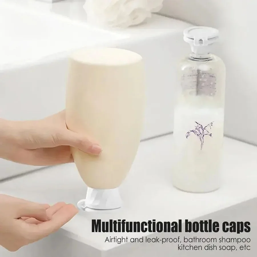 Three-Pack Bottle Caps Suitable for Shampoo, Shower Gel, And Dishwashing Liquid in Various Sizes for Upside-Down Use.
