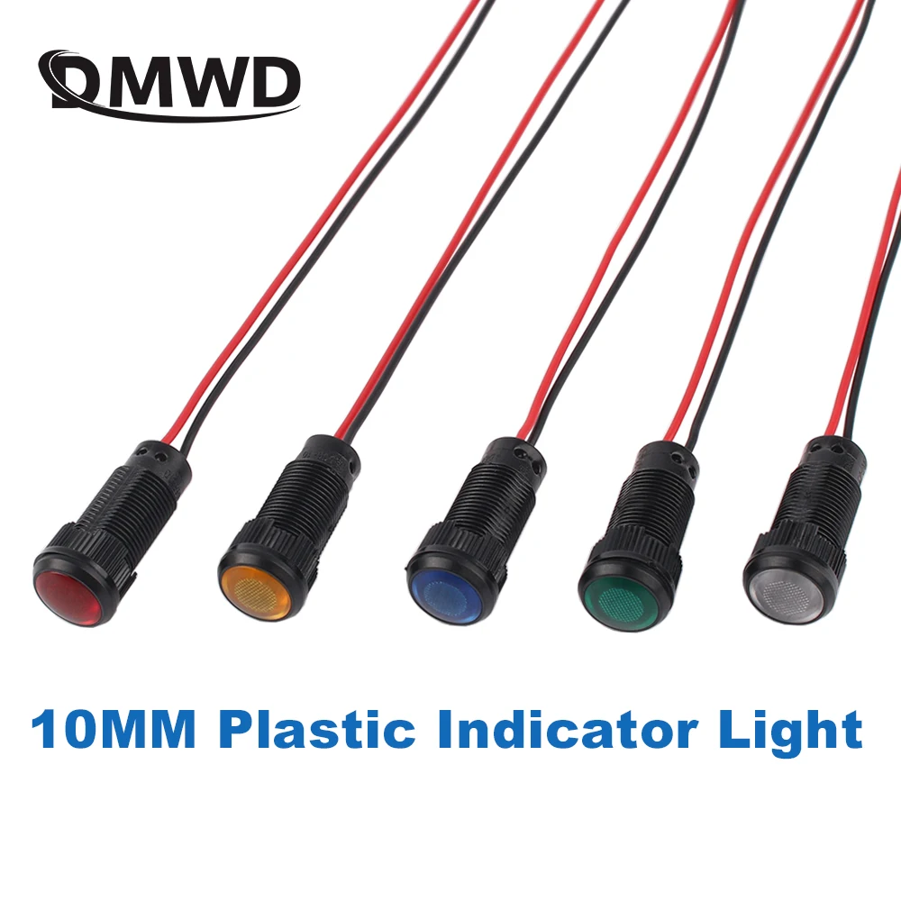 10mm Black Body Plastic LED Indicator Signal Light Switch AC/DC 3-6V 12-24V 110-220V Red Yellow Blue Green White