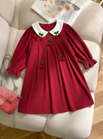Robe unie pour filles avec col Peter Pan contrastant et décoration cerise, jupe trapèze douce et ample pour les fêtes quotidiennes 3