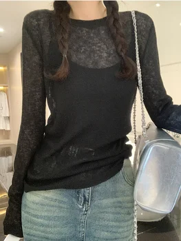 AOSSVIAO المرأة الأبيض كم طويل تي شيرت الربيع الصيف الأساسية فضفاضة تناسب موضة مثير انظر من خلال عادية المحملة فام رقيقة 2025 6