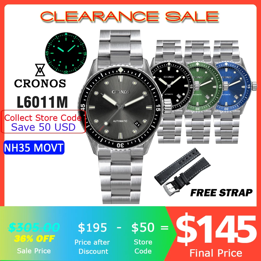 Cronos Diver Men Watch Fifty Fathoms Sunray Dial Date Automatic Nh35 200M Lunetta Rotante In Ceramica Resistente All'Acqua L6011M