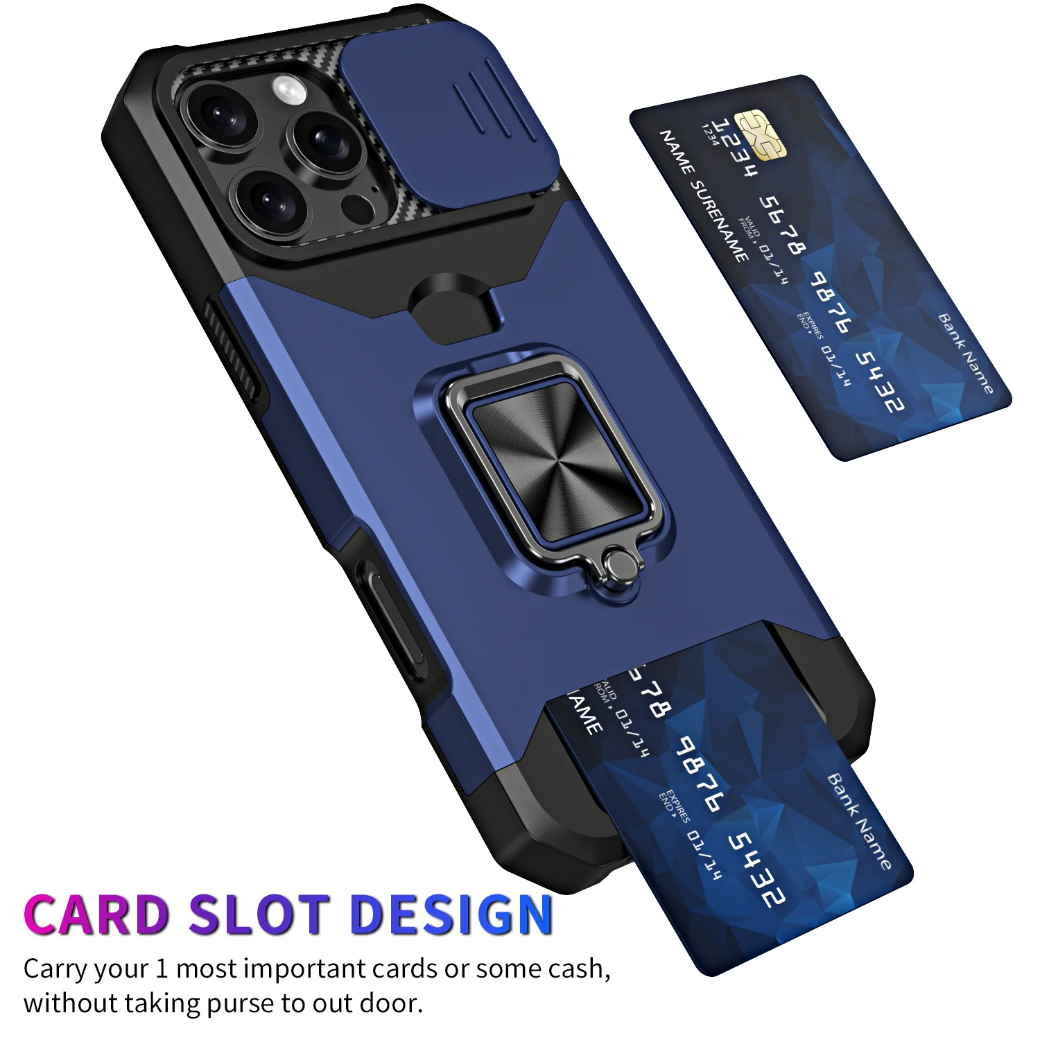Magnetic Shockproof Armor Case with Card Holder and Ring Protection