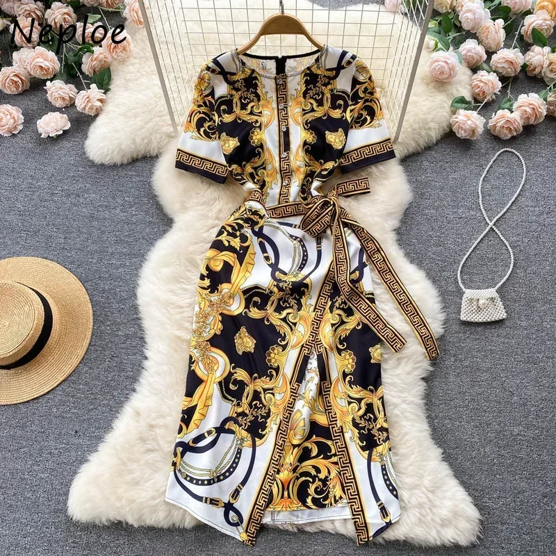 Neploe 2025 Summer Court Style Print Vestido Round Neck Long Sleeve Lace Waist Slim Robe High-end Temperament Package Hip Dress 1