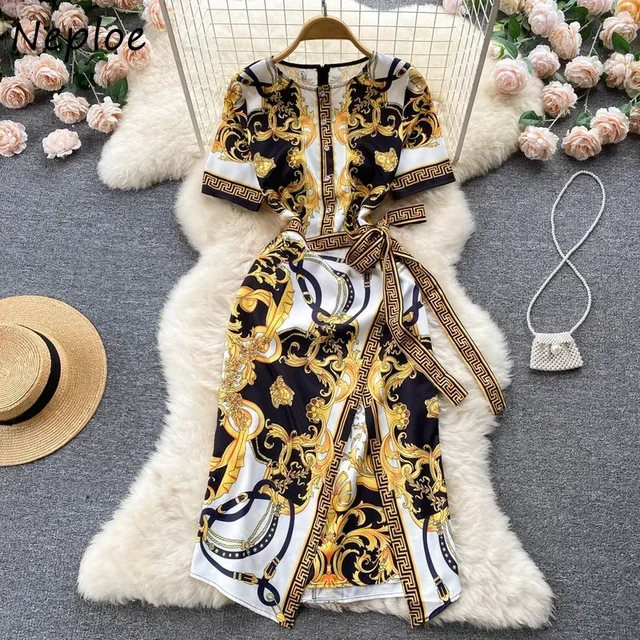 Neploe 2025 Summer Court Style Print Vestido Round Neck Long Sleeve Lace Waist Slim Robe High-end Temperament Package Hip Dress 1