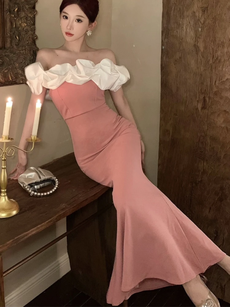 Sexy Bodycon Off Shoulder Party Dress Women New Slim Waist Patchwork Elegant Lady Fashion Prom Robe Long Vestidos Mujers