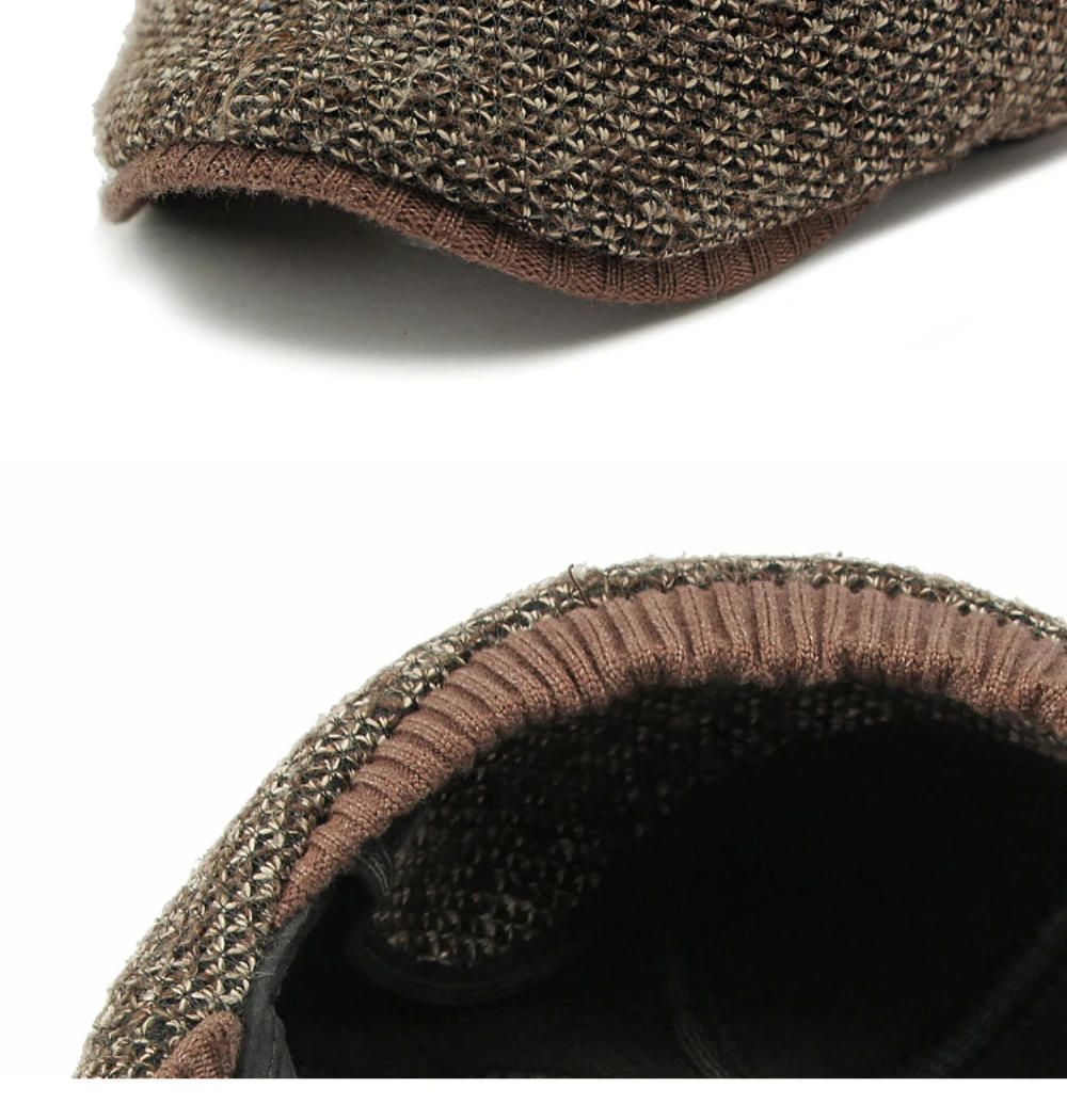 HT4538 Berets Männer Winter Wolle Baskenmütze Hut Dicke Warme Achteckige Earflap Kappe Männliche Gestrickte Hut Ivy Flache Kappe Fleece Gefüttert Baskenmütze Kappen – Detail 14