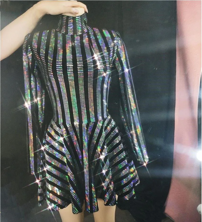 

Black Outfit Prom Women Dancer Show Multi-color Full Sequins Short Dress Birthday Celebrate Long Sleeve Evening Dress