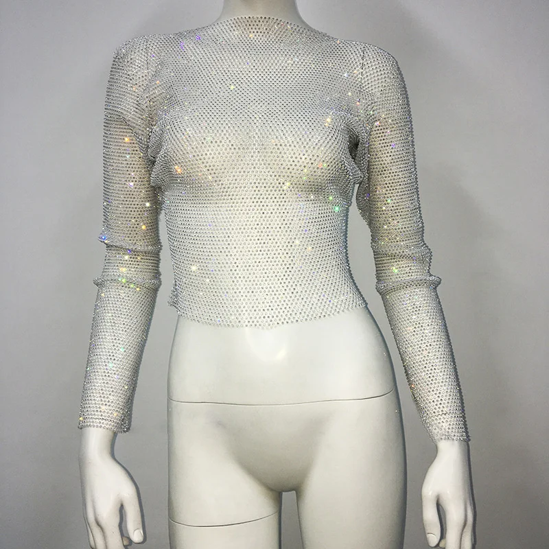 Weiße, lockere, langärmlige Freizeithemden für Damen, Sommer, glänzende Bling-Kurzoberteile, transparente Pullover, grundlegendes sexy T-Shirt – Detail 13