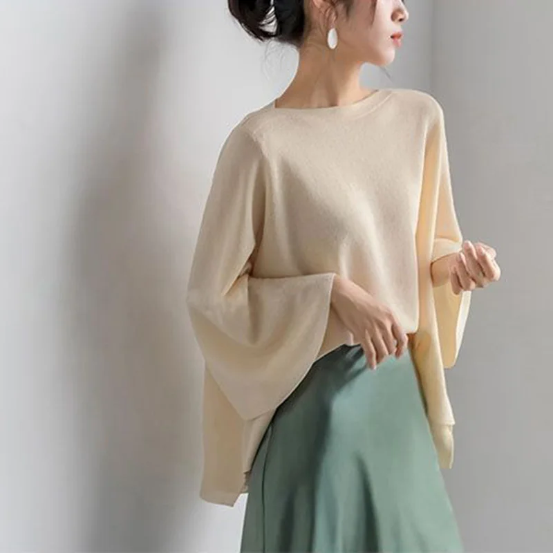 

2023 Summer New Womens Loose Flare Sleeve Shirts Casual O Neck Blouse Oversized Pullovers Tops Women Clothing Asymmetrical Shirt