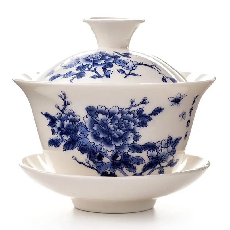 Tureen and Bowls White Porcelain Ceramics Gaiwan Tea Cup Kung Fu Tea Set Gift Pottery Bowl Lid Blue-and-white Special Offer
