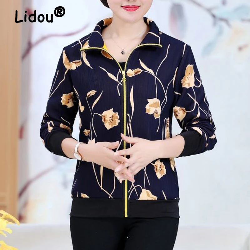 Autumn Middle-aged and Elderly Women Fashion Vintage Print Zipper Jacket Ladies Elegant Casual Long Sleeve Pocket Outerwear Coat