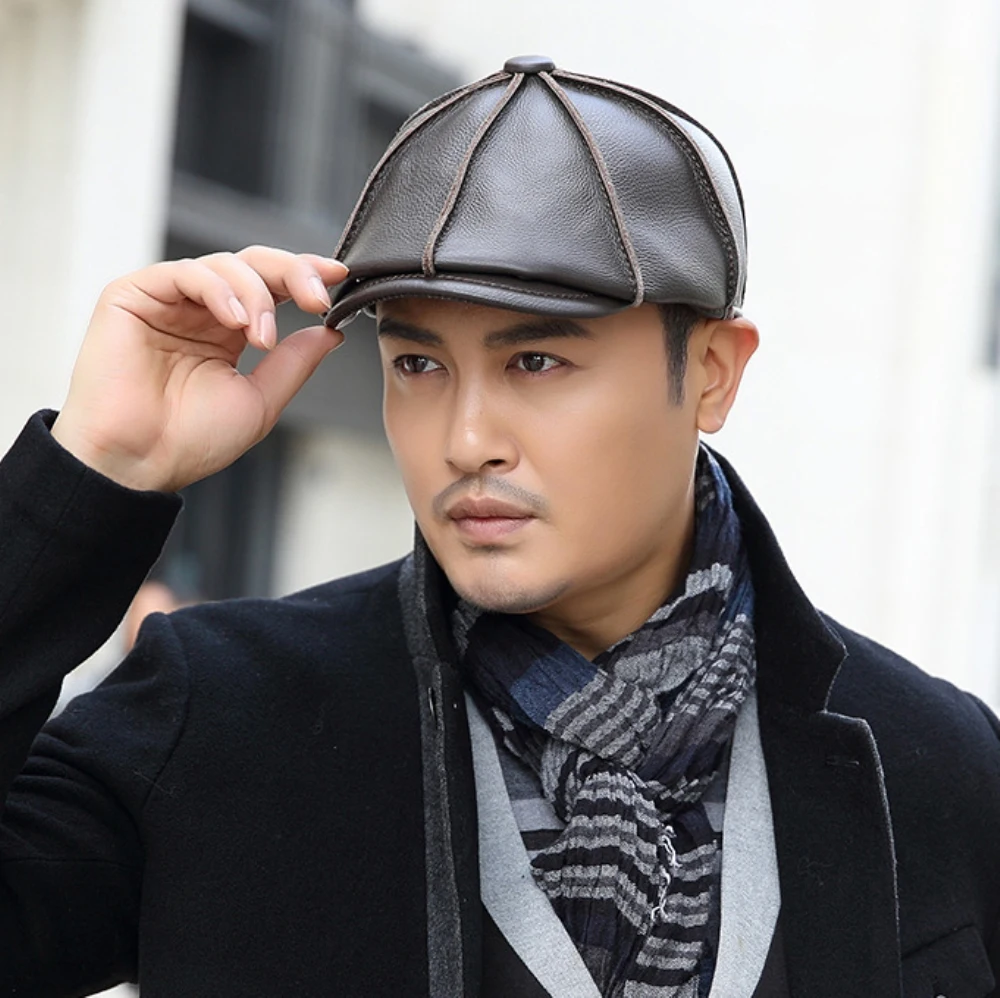 HT4848 Berets für Männer Frauen Hohe Qualität Echtes Leder Hut Achteckige Ivy Flache Kappe Männlich Weiblich Herbst Winter Hut Baskenmütze Kappen – Detail 4