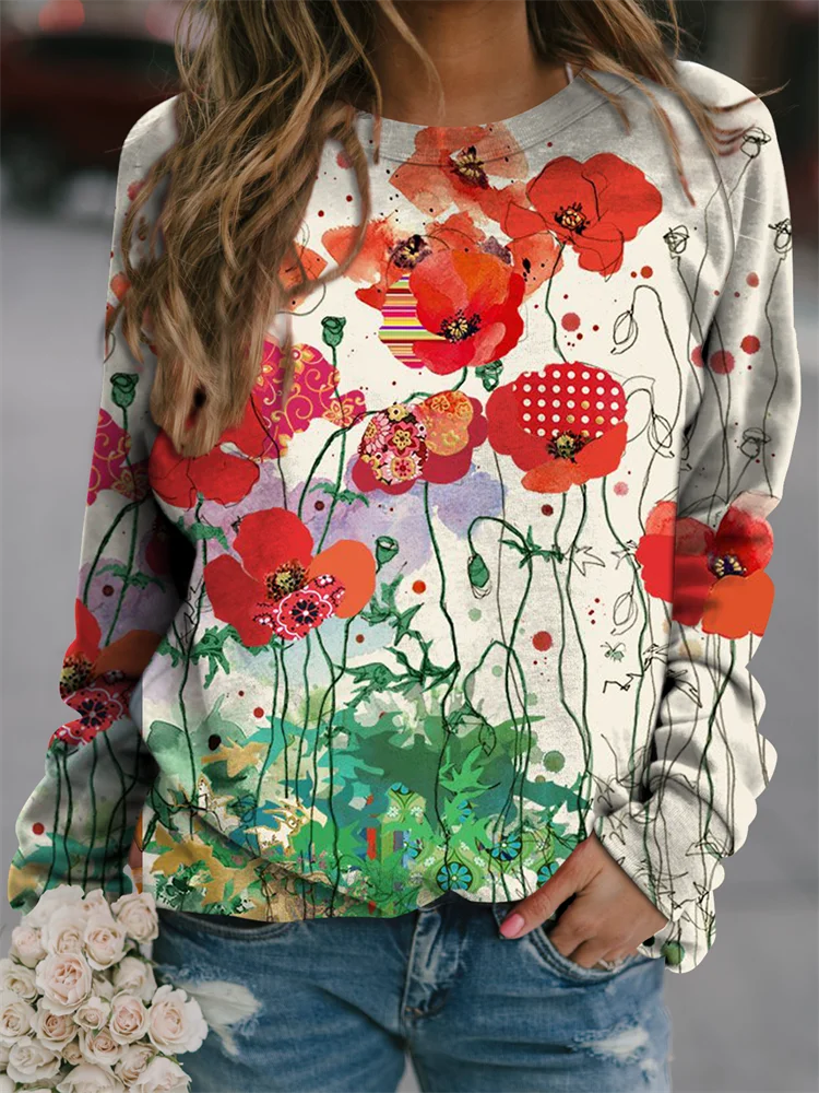 2023 Autumn New Women\'s Fashion Round Neck Street Top 3D Flower Print Long Sleeve Round Neck Loose Fashion Casual Hoodie