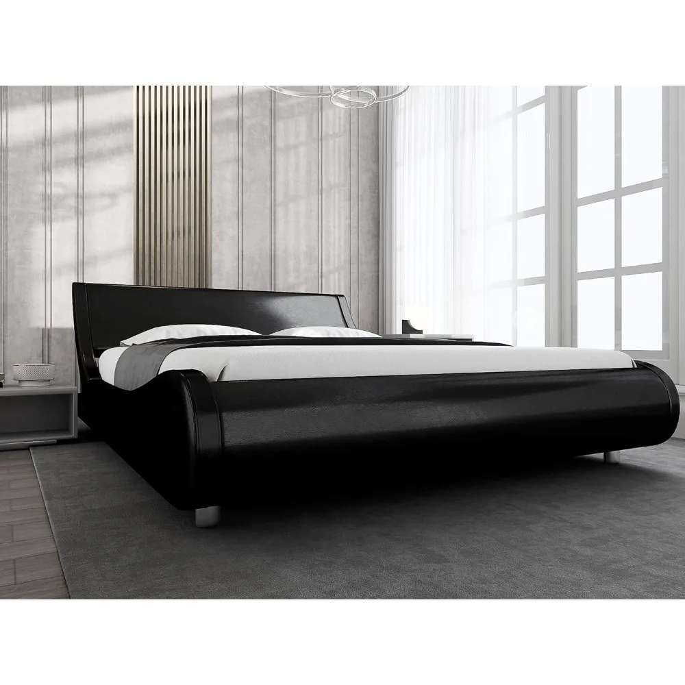 

Soft padded oversized platform bed frame, sled bed, artificial leather headboard, wooden board support, easy to assemble, bed