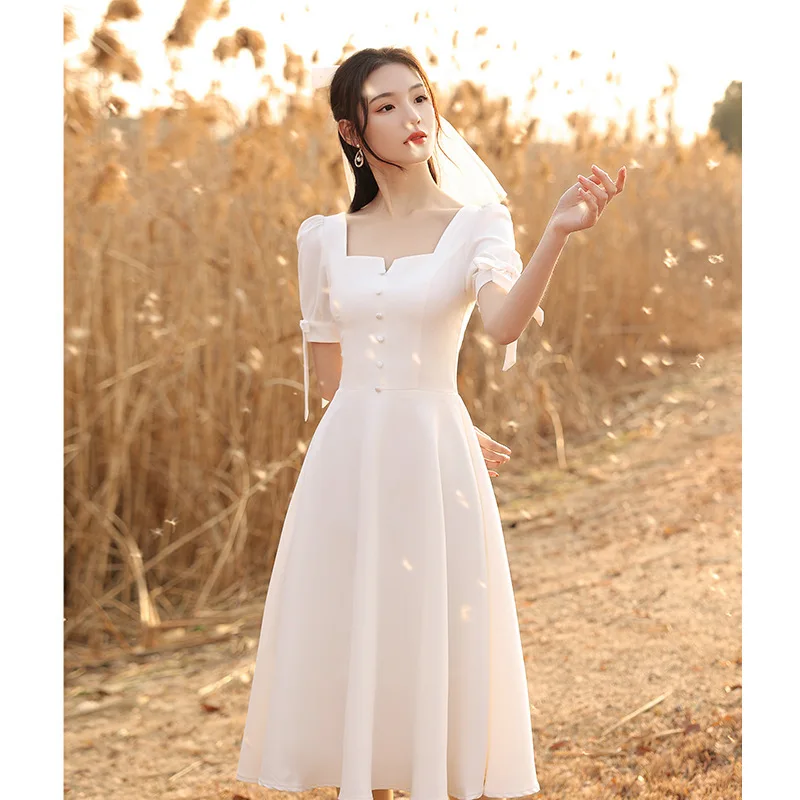 New long wine short sleeve lady girl bridesmaid dress performance dance  prom dress daily wear gown