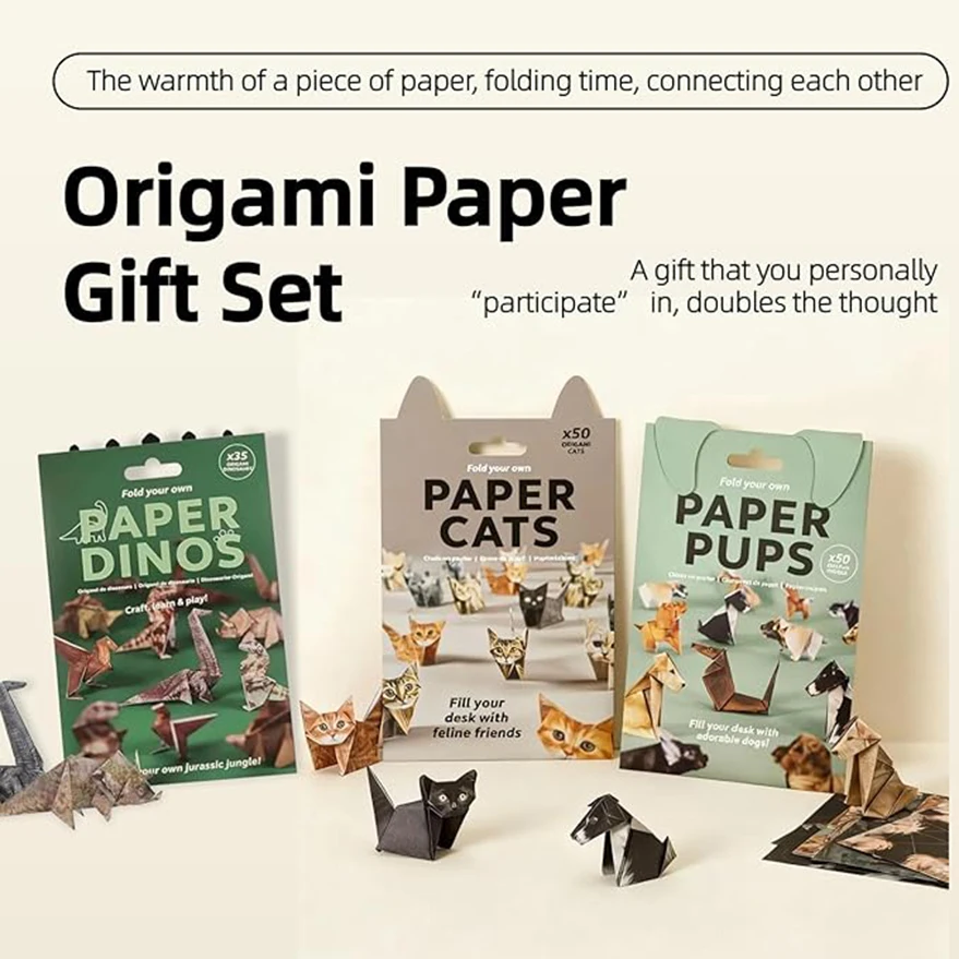 Creative DIY Paper Cats 50 Sheets DIY Origami Paper Handmade DIY Paper Cat Dog Dinosaur Fun Art Craft Folding Animal Folding Set