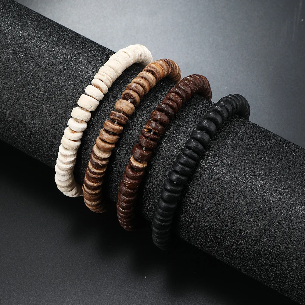 Wooden Bracelets For Men Beaded Multilayer Wooden Bead Jewelry Irregular Coconut Shell Handmade Elastic Bracelet Jewelry