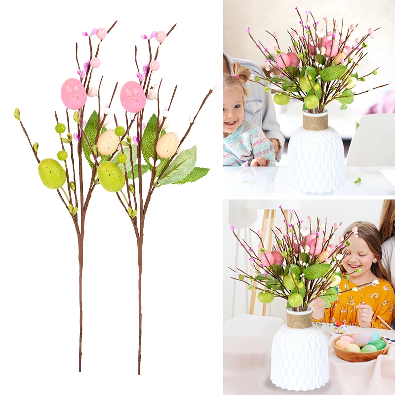 1/2/3 Pz Uova Di Pasqua Ramo Di Albero Colorato Dipinto Schiuma Uovo Fiore Artificiale Foglia Verde Pianta Finta Festa Di Nozze Casa Vaso Decor