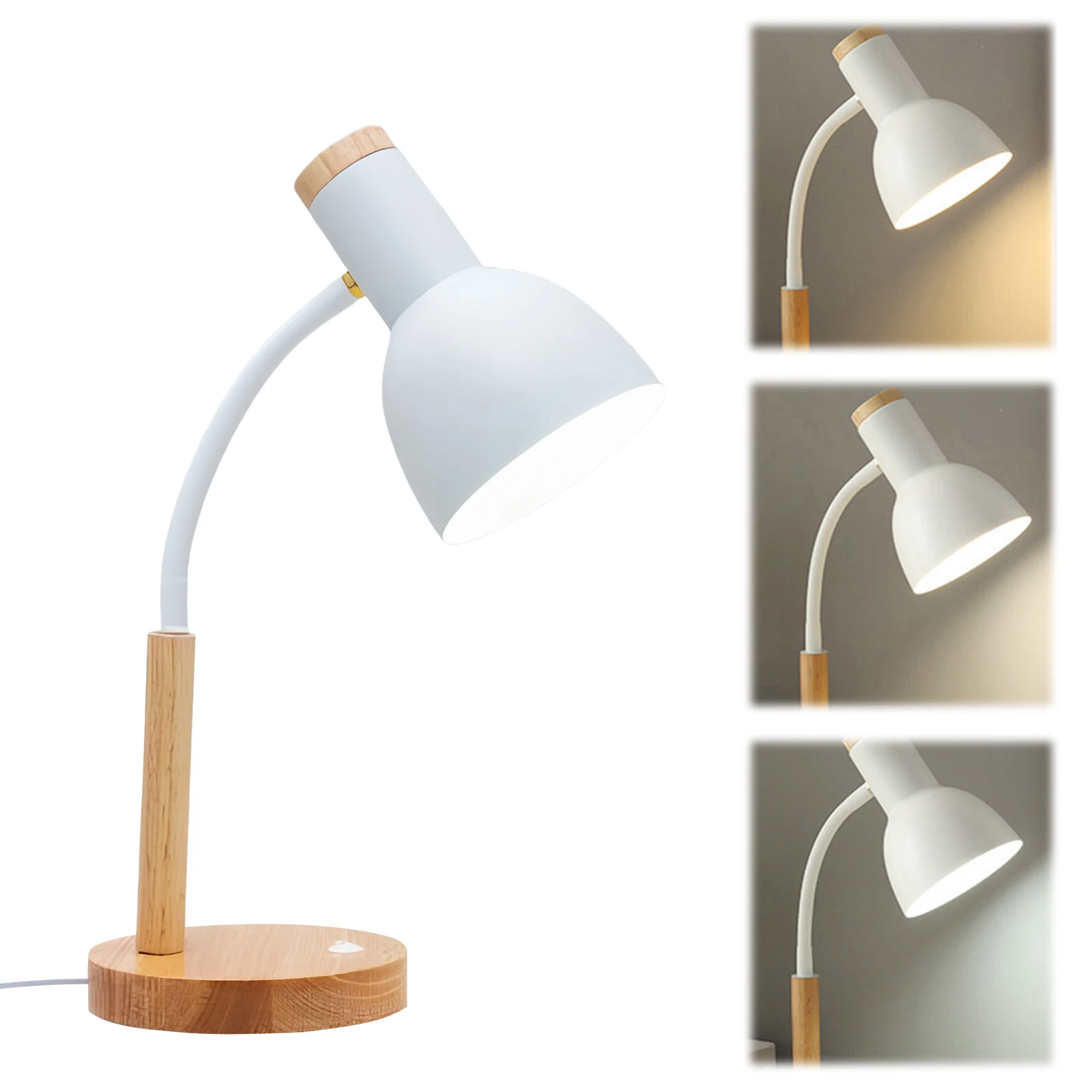 Nordic Wood Iron LED Eye Protection Desk Lamp W/ 3 Colors Multi-Angle Adjustable Desk Lamp for Bedroom Living Room Dining Room