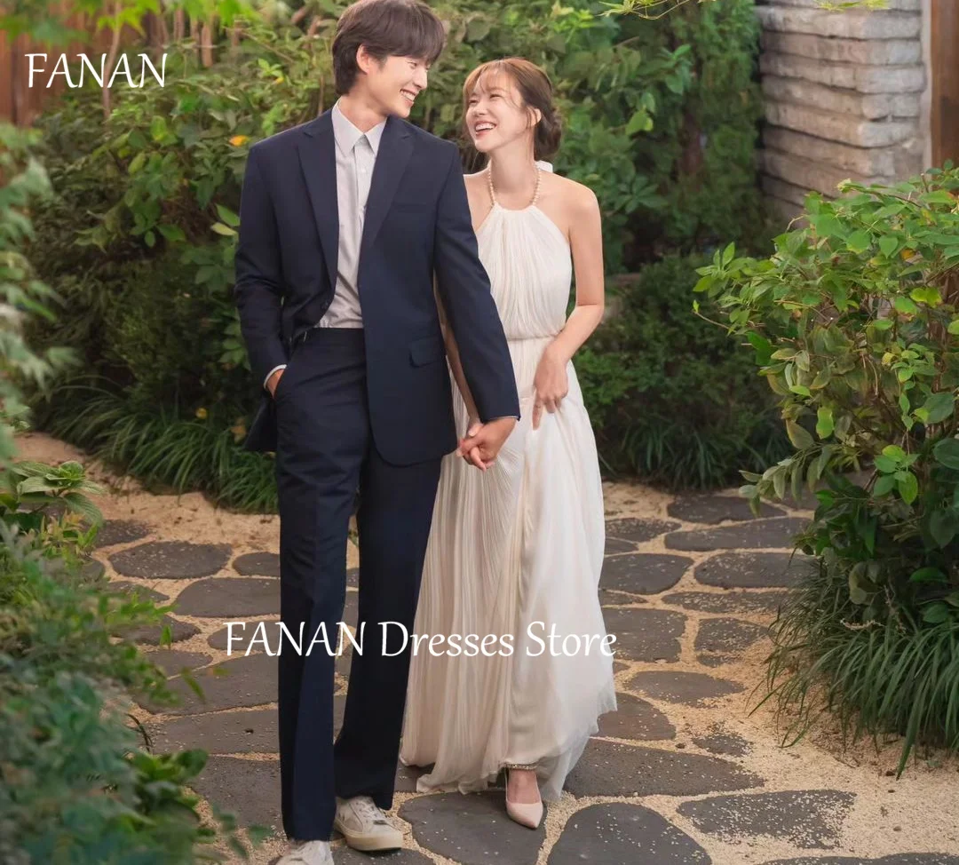 

FANAN Sleeveless Korea High Neck Ivory Wedding Dresses Chiffon A-Line Backless 웨딩드레스 Ruched Custom Made Bride Gowns Plus Size