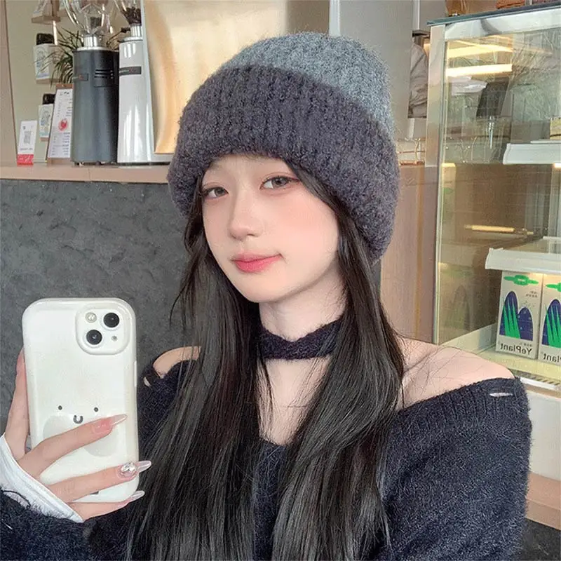 Contrast Dome Knitted Beanies Winter Women's Retro Warm Outdoor Woolen Brimless Caps Fashion Versatile Hats_voghion.com