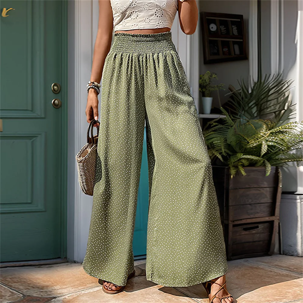 Summer Women's Wde Leg Long Pant with Elastic Waistband Boho Polka Dot Women Casual Loose Pants High Waist Printed Baggy Trouser