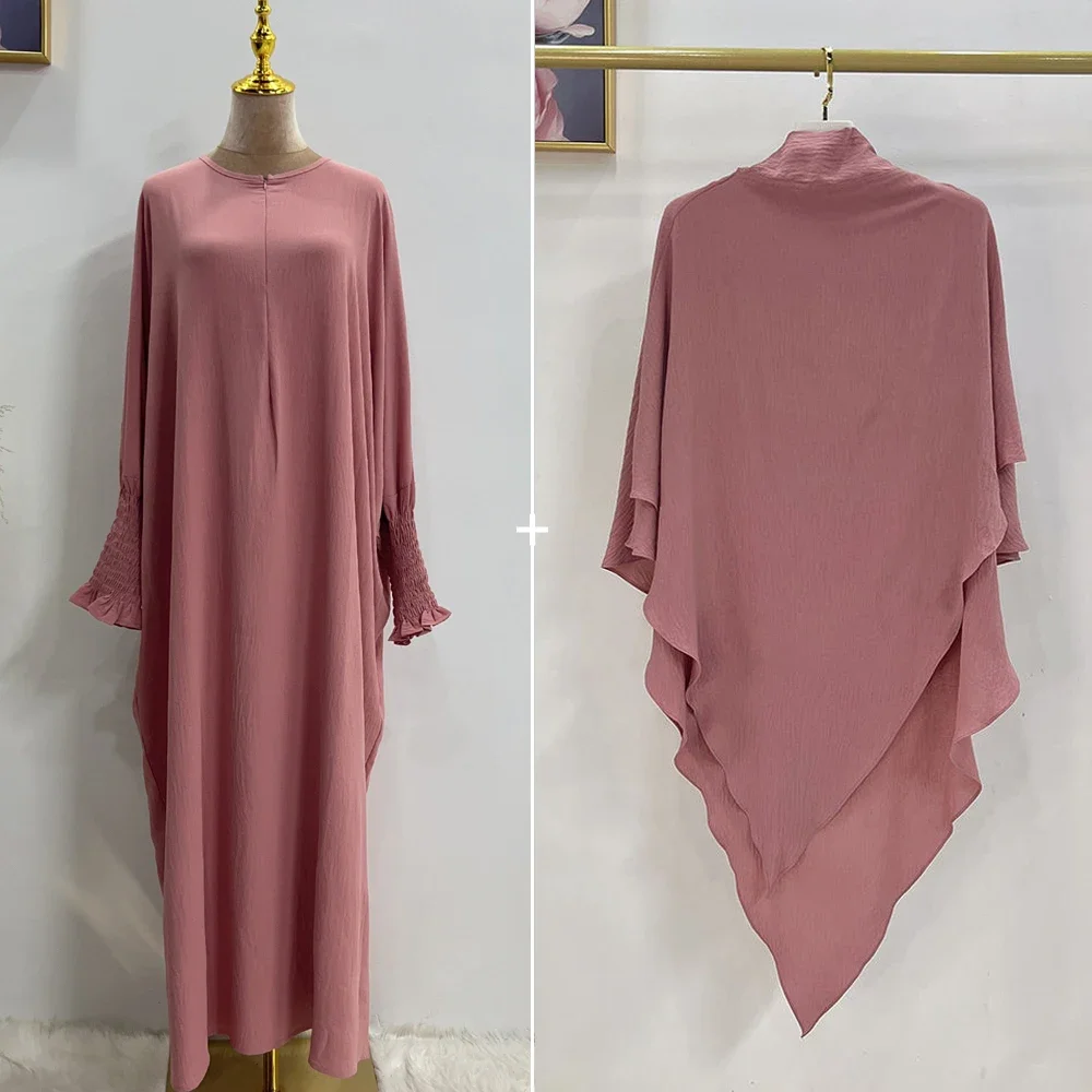 2 Piece Abaya Khimar Set Dubai Islam Prayer Clothes Women Zipper Front Dress + 2 Layer Hijab Scarf Muslim Jilbab Outfits Ramadan