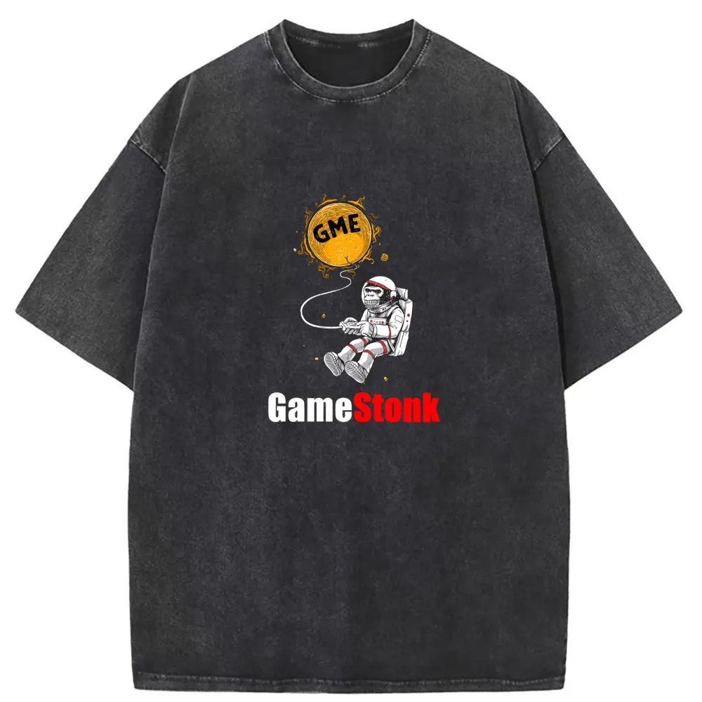 

GME Game Stonk Long Sleeve Tee Shirts For Men Orangutan Astronaut Printed Vintage Tshirts Adult Washed Sweatshirts Cotton Tops