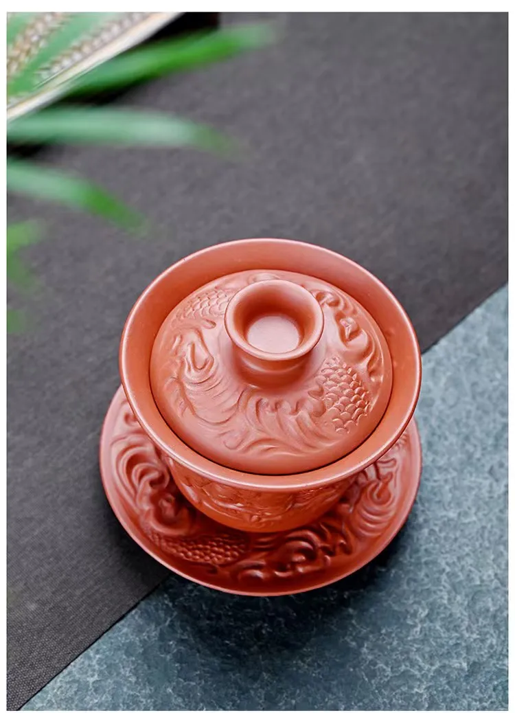 200ML Large High-end Purple Dragon Pottery Teaset Chinese Traditional Handmade GaiWan TeaCups Lid Bowl Tea Brew Tea Cup bowl