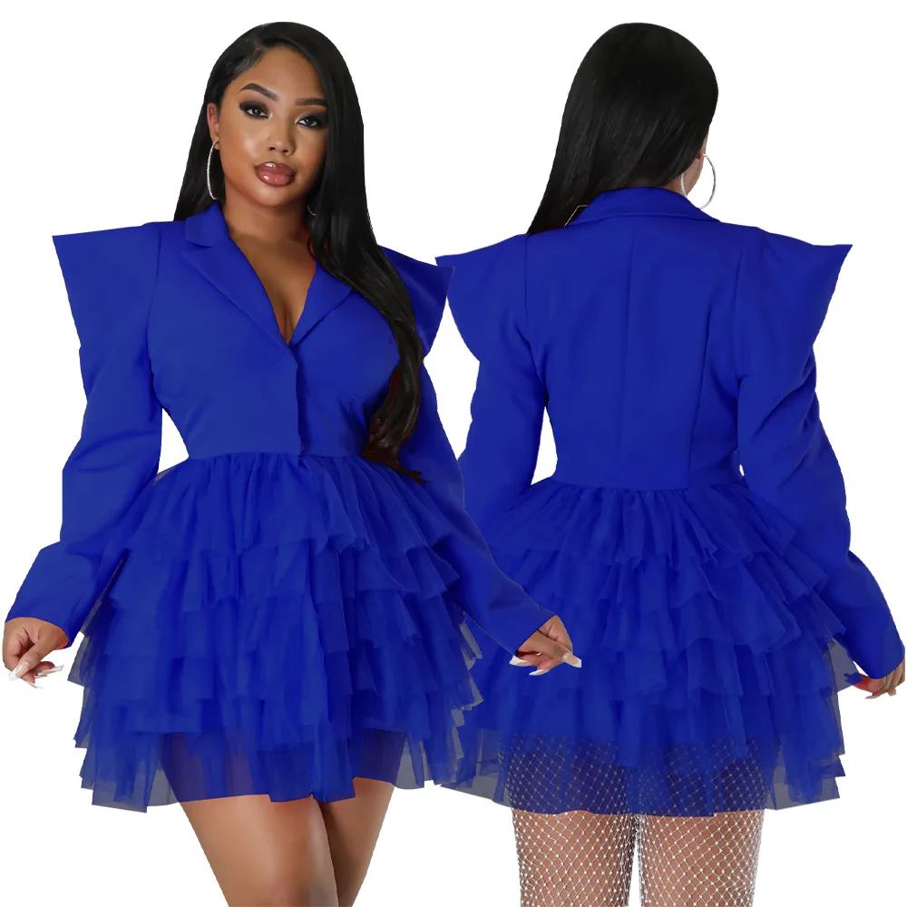 Bule Women Blazer Dress Single Breasted Puff Sleeve Jacket with Mesh Pleated Big Swing Skirt Chic 2023 New in Outerwears kids girls cheerleading uniform halter neck mesh letter print dancewear backless crop top with elastic waistband pleated skirt