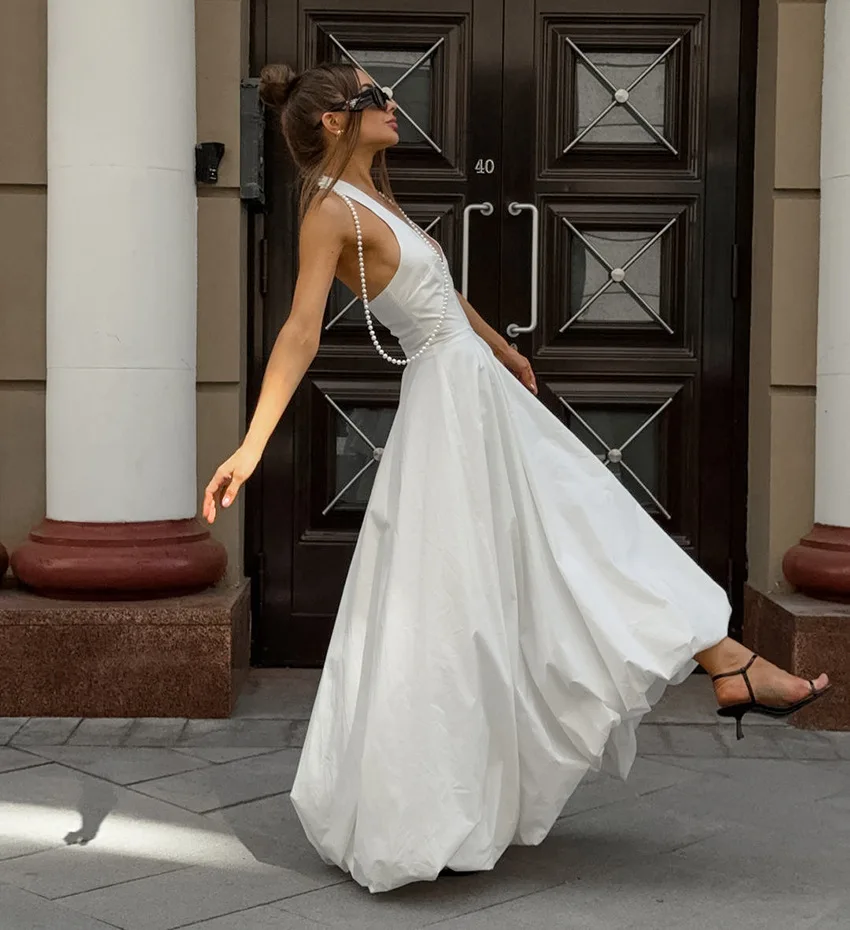 White V-Neck Backless Long Dress Female Sleeveless High Waist Fashion Elegant Luxury Bodycon Dress Women Solid Maxi Dress