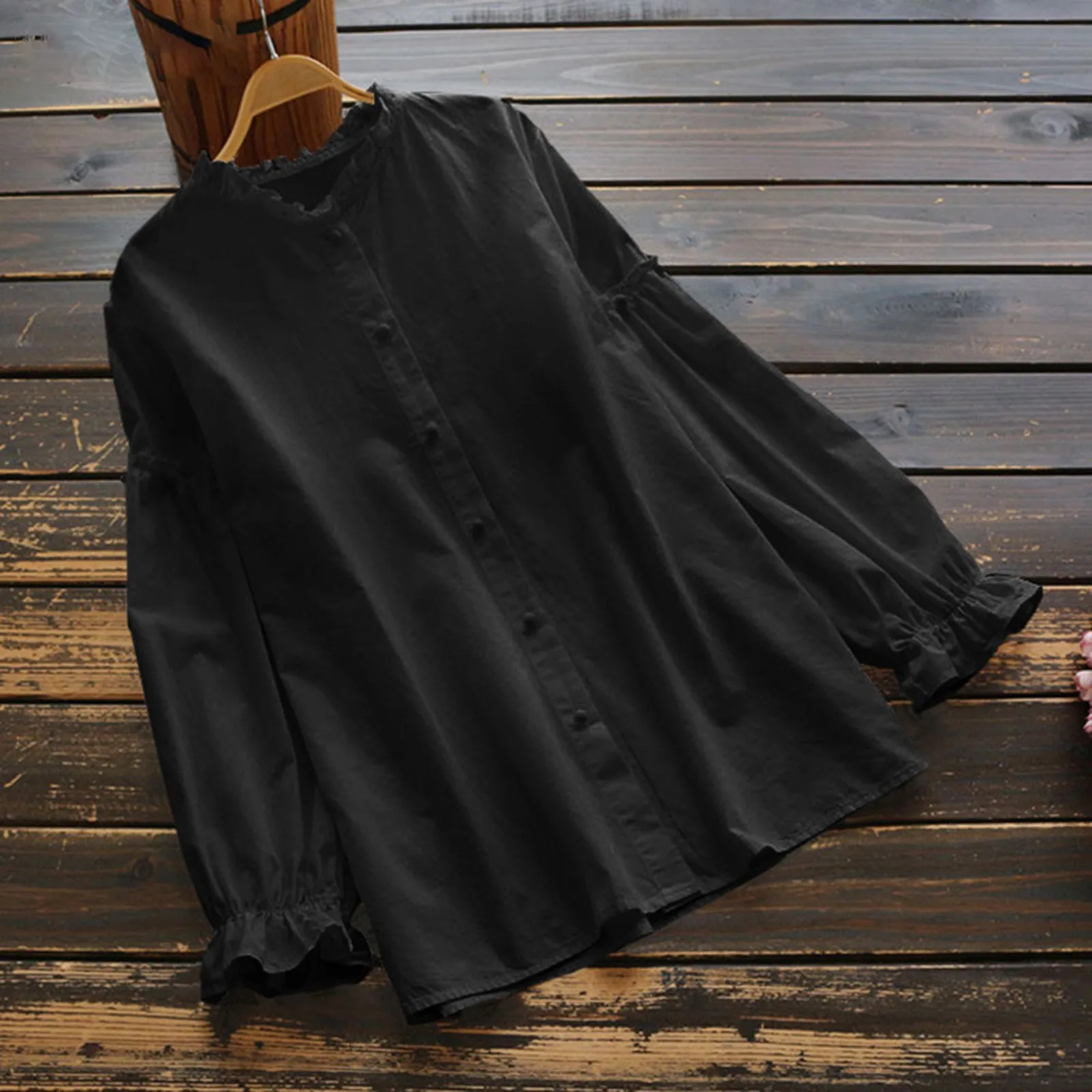 

Vintage Solid Ruffle Shirts Women's Solid Blouse 2023 Casual Long Sleeve Blusas Female Button Bluas Female Tunic Plus Size