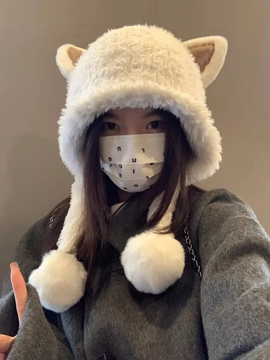 New Cute Cartoon Fury Hat with Long Ears Lace up Versatile Autumn and Winter Warmth Ear Protection and Windproof Pullover Hat