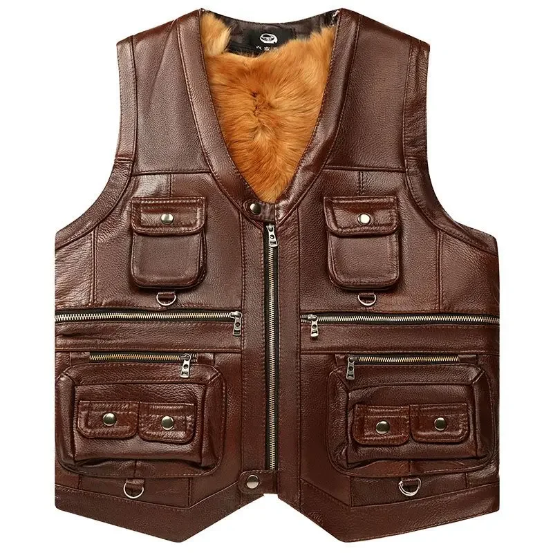 2024 Women Autumn Winter New Genuine Leather Vest Men Pocket Middle-aged Waistcoat Male Thick Fleece Sleeveless Coats D351 5