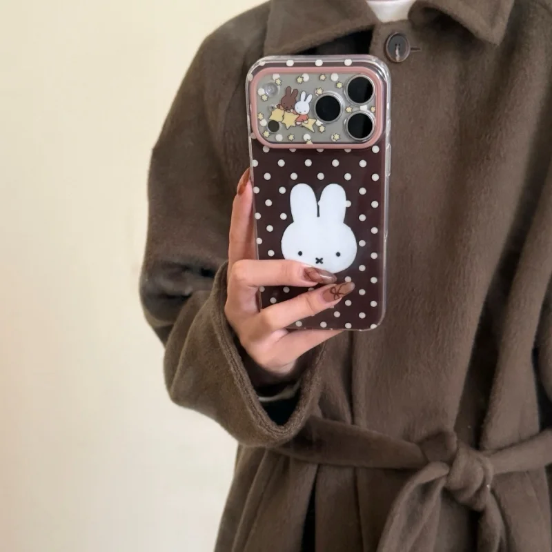 Luxury Cute cartoon Miffy brown white Polka Dots Phone Case For iPhone 16 15 14 13 17 Pro Max lovely Star Miffy Lens protect