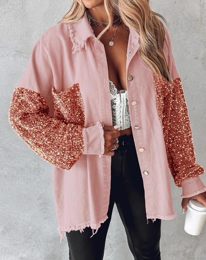 Woman Contrast Sequin Raw Hem Shacket Casual Clothing New Autumn Colorblock Female Fashion Temperament Long Sleeve Loose Coat
