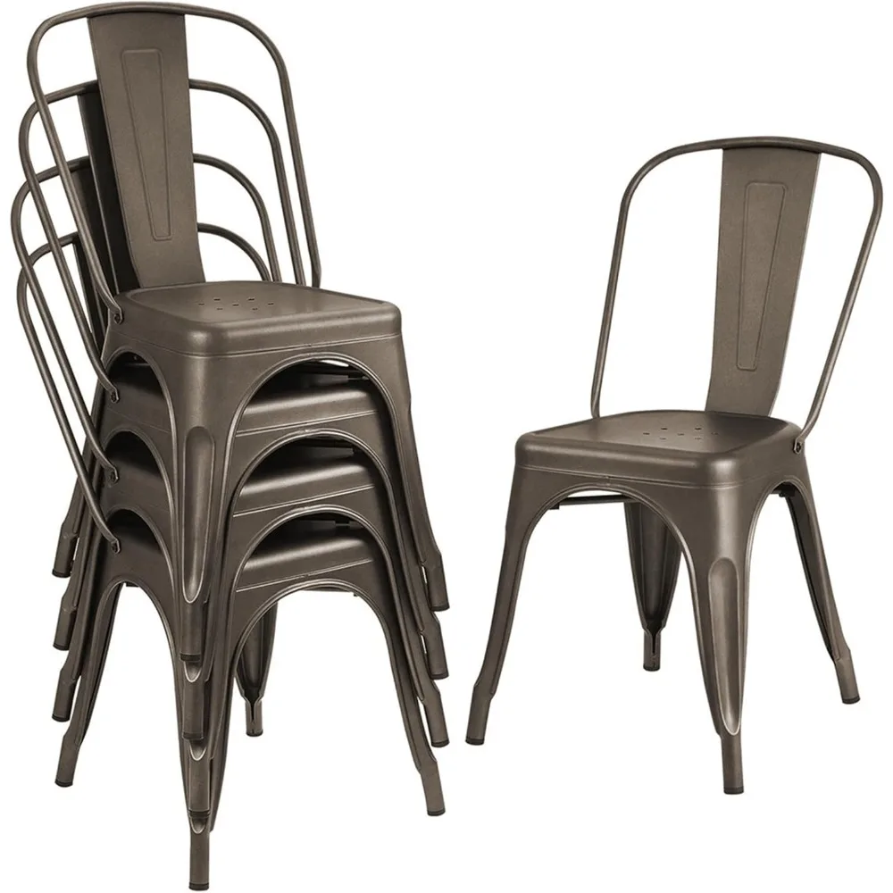 Metal Dining Chair Stackable Indoor Outdoor Industrial Vintage Chairs Bistro Kitchen Cafe Side Chairs with Back Set of 4 (Black) 4