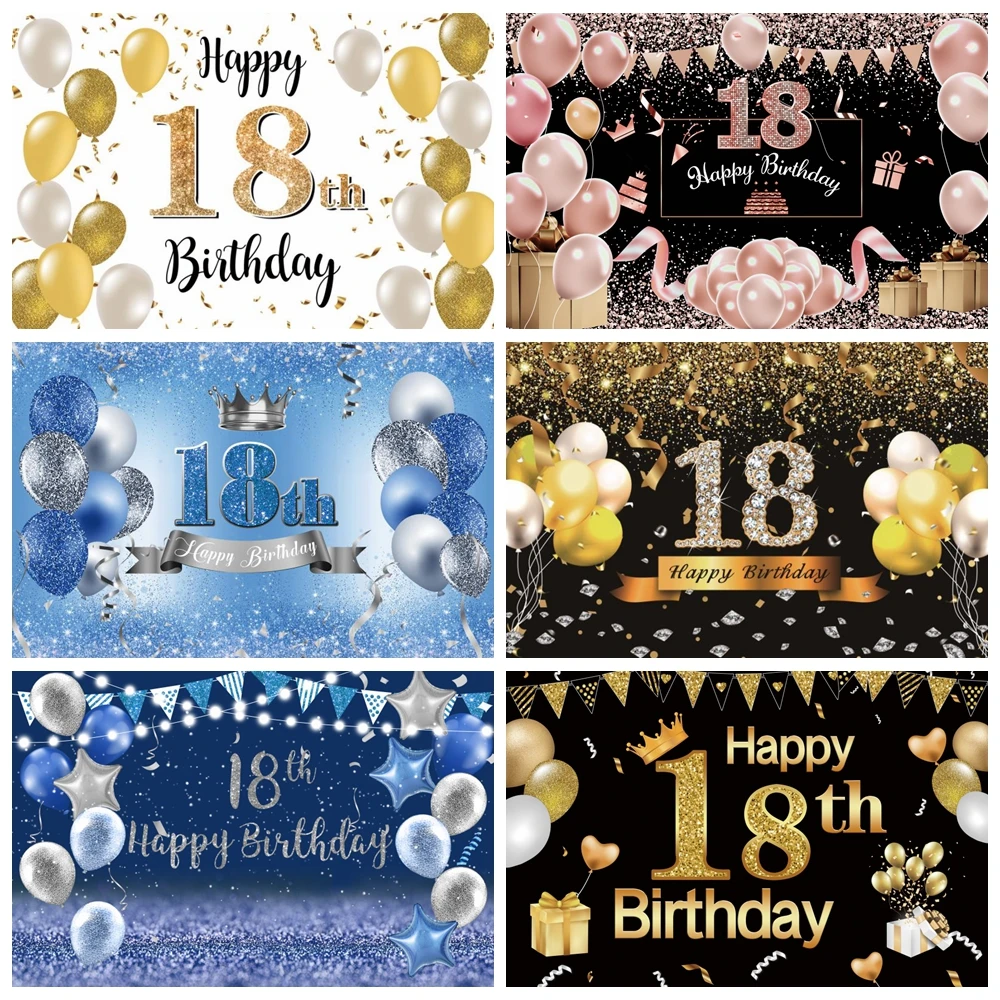 

18th Birthday Photography Background Cheers to 18 Years Banner Black Golden Glitter Balloon Party Decor Backdrop Photo Studio