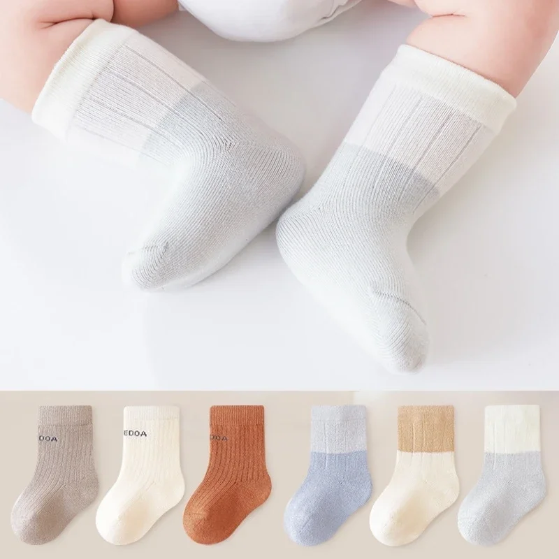 용 긴 양말 3켤레 봄 가을 면 스트라이프 양말 어린이 남아 여아 따뜻한 바닥 양말 중목 양말