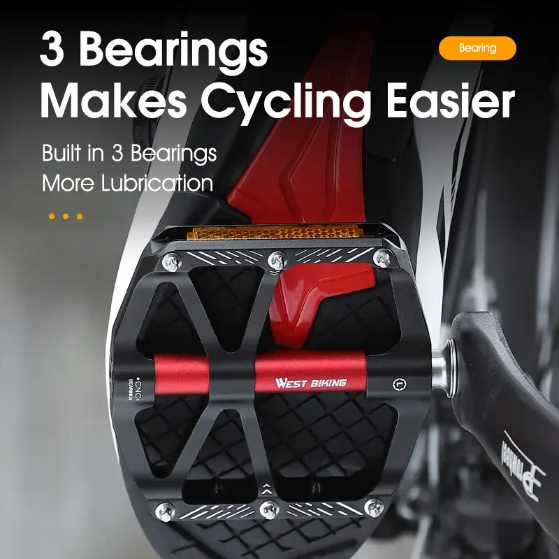 WEST BIKING CNC 3 Bearing Bicycle Pedals Ultralight BMX MTB Road Bike Pedals Non-slip Aluminum Alloy Reflective Cycling Parts